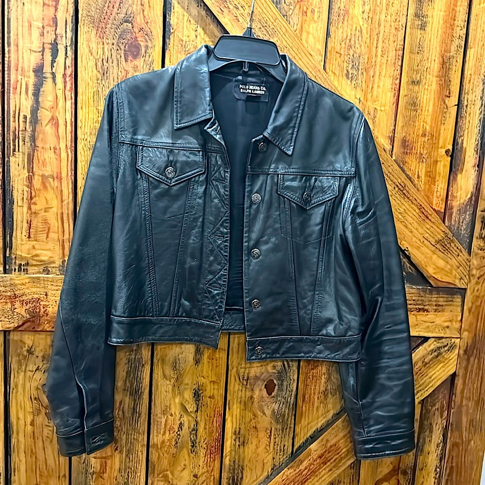 Polo Ralph Lauren vintage black leather biker jacket crop size Large
